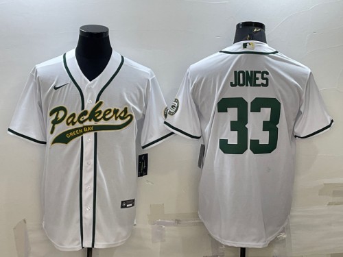 Men's Green Bay Packers #33 Aaron Jones White With Patch Cool Base Stitched Baseball Jersey